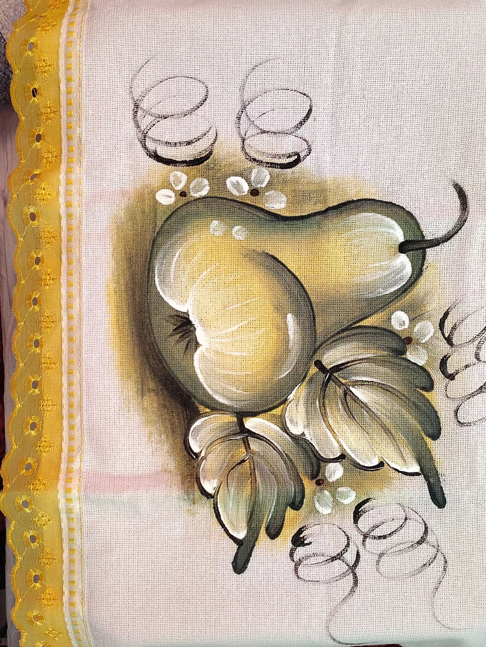 Hand-Painted Fruit & Mushroom Kitchen Towels - Yellow, Blue, Pink Set Of 2